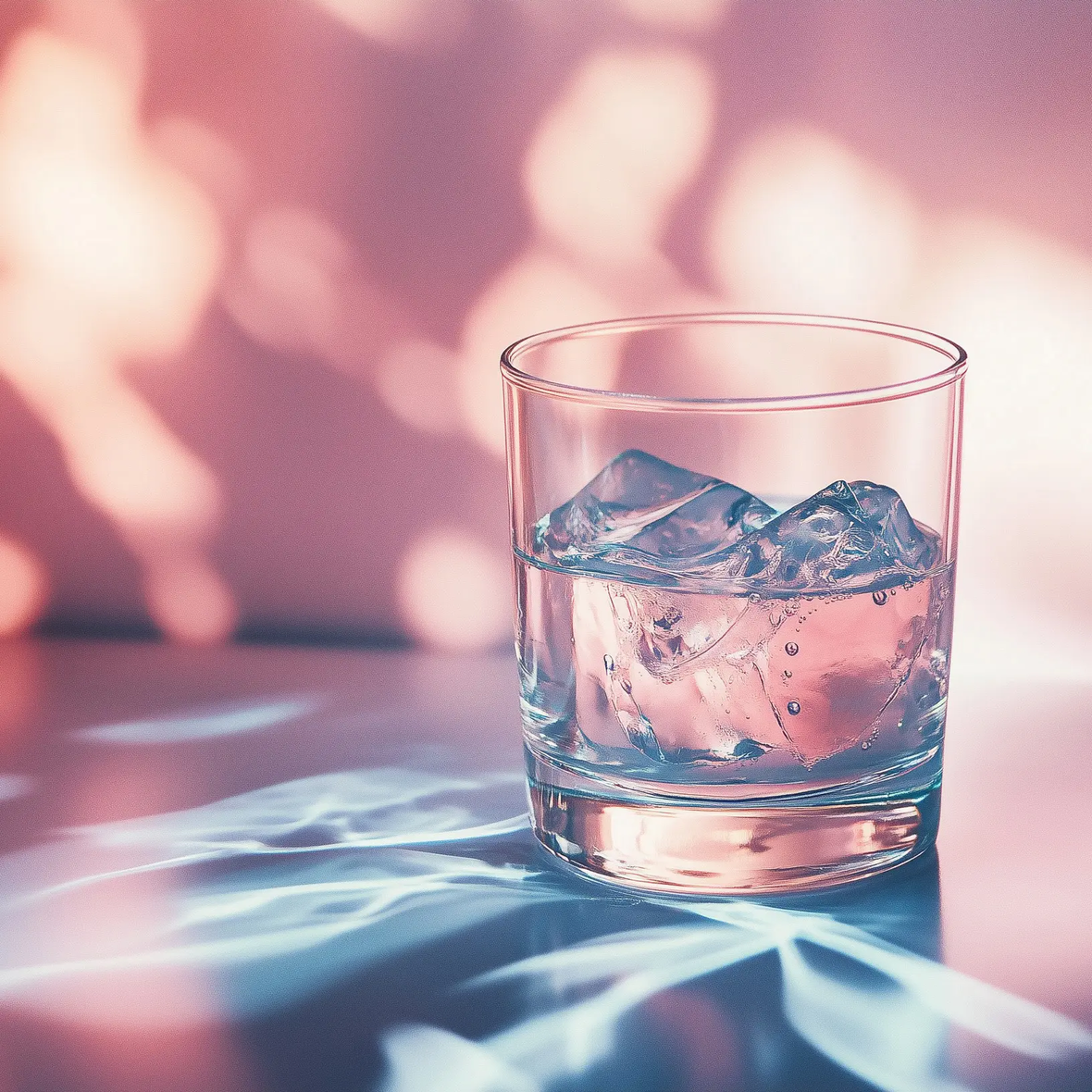 Stimmungsvolle Getränkefotografie eines klaren Getränks mit Eiswürfeln im Glas, beleuchtet mit weichem Bokeh-Effekt auf rosafarbenem Hintergrund.